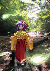 Rule 34 | 1girl, absurdres, commission, full body, green kimono, hieda no akyuu, highres, japanese clothes, kimono, okai (pixiv6333), photo background, pixiv commission, purple eyes, purple hair, red skirt, short hair, skirt, smile, solo, touhou, wide sleeves, yellow kimono