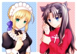2girls ahoge artoria_pendragon_(fate) black_hair blonde_hair blue_eyes braid breasts cleavage command_spell commentary_request fate/hollow_ataraxia fate_(series) green_eyes hisohiso_(altoblue) maid maid_headdress medium_breasts multiple_girls polka_dot polka_dot_background saber_(fate) smile tohsaka_rin turtleneck two_side_up wrist_cuffs