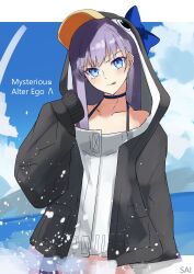 1girl absurdres animal_hood bare_shoulders bikini black_bikini black_jacket blue_bow blue_eyes blush bow breasts character_name choker collarbone fate/grand_order fate_(series) highres hood hood_up jacket long_hair long_sleeves looking_at_viewer meltryllis meltryllis_(fate) meltryllis_(swimsuit_lancer)_(fate) meltryllis_(swimsuit_lancer)_(first_ascension)_(fate) ocean penguin_hood purple_hair s4ika shore sleeves_past_fingers sleeves_past_wrists small_breasts smile solo swimsuit tongue tongue_out very_long_hair