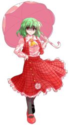 1girl ascot black_pantyhose dairi frilled_skirt frills full_body green_hair hand_on_own_hip highres kazami_yuuka pantyhose plaid_clothes plaid_skirt plaid_vest red_shoes red_skirt red_vest shirt shoes short_hair skirt solo tachi-e touhou umbrella vest white_shirt yellow_ascot