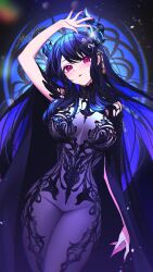 1girl artist_name asymmetrical_horns bare_shoulders black_hair blue_hair breasts chronopattern_dress commentary cowboy_shot english_commentary highres hololive hololive_english horns large_breasts long_hair meme_attire_request miraymoon mole mole_under_eye multicolored_hair nerissa_ravencroft purple_eyes signature skin_tight solo two-tone_hair uneven_horns virtual_youtuber