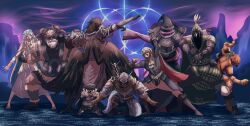 3girls 5boys animal_head armor artist_self-insert beard bird_boy black_hat black_jacket blindfold doll_joints dress duchess_(elden_ring) elden_ring elden_ring_nightreign executor_(elden_ring) facial_hair fake_horns feathered_wings fur_trim ginyu_force_pose guardian_(elden_ring) hat helmet highres hood horned_helmet horns ironeye_(elden_ring) jacket joints long_hair long_sleeves multiple_boys multiple_girls o&#039;donnis raider_(elden_ring) recluse_(elden_ring) revenant_(elden_ring) white_beard white_dress white_hair wings witch_hat wylder_(elden_ring)