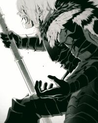 Rule 34 | 1boy, absurdres, armor, armored legwear, arms up, blood, blood on face, breastplate, cape, covered eyes, dimitri alexandre blaiddyd, dimitri alexandre blaiddyd (timeskip), feet out of frame, fire emblem, fire emblem: three houses, fur trim, gloves, greyscale, hair over eyes, highres, holding, holding polearm, holding weapon, injury, kwajia3, male focus, monochrome, nintendo, open mouth, polearm, shouting, solo, teeth, weapon, white background