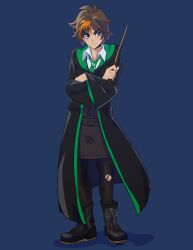 Rule 34 | 1girl, absurdres, black boots, black leggings, black skirt, blue background, boots, brown hair, collar, crossed arms, full body, green necktie, harry potter: hogwarts mystery, harry potter (series), highres, hogwarts school uniform, holding, holding wand, leggings, looking at viewer, merula snyde, mikkusushi, multicolored hair, necktie, non-web source, orange hair, purple eyes, robe, school uniform, simple background, skirt, slytherin, smirk, standing, torn clothes, torn leggings, two-tone hair, wand, white collar, wizarding world