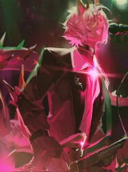 1boy choker classicaloid glowing guitar highres holding holding_guitar holding_instrument horns instrument jacket long_sleeves ludwig_van_beethoven_(classicaloid) male_focus microphone music octahooves pink_theme playing_instrument short_hair singing solo stage tail
