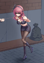 Rule 34 | 1girl, absurdres, alternate costume, angel beats!, arms behind back, bare shoulders, bdsm, black boots, black bow, black choker, black hairband, black pantyhose, blindfold, blunt bangs, blush, bondage, boots, bound, bound arms, bow, breasts, cap (user dxfj5558), choker, cleavage, clenched teeth, collar, collarbone, commentary, commentary request, covered eyes, crop top, feather hair ornament, feathers, figure story, full body, hair bow, hair ornament, hairband, high heel boots, high heels, highres, knee boots, large variant set, leaning forward, leash, long hair, medium breasts, midriff, miniskirt, nakamura yuri, pantyhose, pencil skirt, public indecency, purple hair, shibari, shibari over clothes, shorts, side slit, skindentation, skirt, solo, standing, standing on one leg, teeth, thighband pantyhose, v-shaped eyebrows, variant set