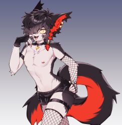 1boy aak_(arknights) animal_ear_fluff animal_ears arknights arm_strap armlet asymmetrical_gloves black_choker black_fur black_gloves black_hair black_shorts black_tail black_thighhighs braid cat_boy cat_ears cat_tail choker collarbone colored_sclera commentary cowboy_shot ear_piercing english_commentary eyeliner fangs fingerless_gloves fishnet_gloves fishnet_thighhighs fishnets furry furry_male gloves gradient_background grey_background hair_over_one_eye heart heart_choker highres jewelry kanookies looking_at_viewer makeup male_focus navel nipple_piercing nipples open_mouth orange_eyeliner orange_tail piercing short_hair short_shorts shorts side_braid sidelocks simple_background slit_pupils solo spiked_gloves tail teeth thigh_strap thighhighs topless_male trap two-tone_fur two-tone_tail white_background white_fur yellow_sclera