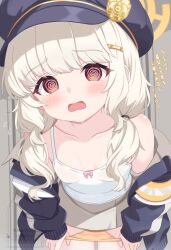 1girl @_@ aoba_(blue_archive) artexyan black_hat blonde_hair blue_archive blush bow bow_camisole breasts brown_shirt camisole halo hat long_hair looking_at_viewer open_clothes open_mouth open_shirt panties panty_pull red_eyes shirt simple_background solo sweat underwear white_camisole yellow_halo