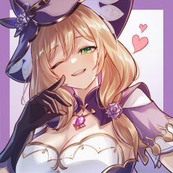 1girl absurdres black_gloves border breasts brown_hair flower genshin_impact gloves green_eyes hair_flower hair_ornament hat heart highres large_breasts lisa_(genshin_impact) looking_at_viewer medium_hair one_eye_closed open_mouth purple_border purple_flower purple_hat smile teeth upper_body upper_teeth_only vision_(genshin_impact) witch_hat yuno_kaihara