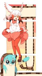 2girls :3 aqua_eyes aqua_hair bkub_(style) blush_stickers border breasts chinese_commentary colored_tips commentary_request crossed_bangs dress dress_tug face_stretching fanning_self fur_collar hand_fan head_wings highres holding holding_fan hood hoodie impossible_clothes impossible_dress japanese_crested_ibis_(kemono_friends) kemono_friends litamisu looking_at_viewer mary_janes multicolored_hair multiple_girls naughty_face neck_ribbon one_eye_closed pantyhose parody pink_ribbon plume poptepipic raised_eyebrows red_dress red_hair red_pantyhose red_ribbon ribbon shoes sidelocks small_breasts snake_hood stretched_neck striped_clothes striped_hoodie the_seven-year_itch tsuchinoko_(kemono_friends) two-tone_dress white_border white_dress white_hair wind wind_lift wings yellow_eyes