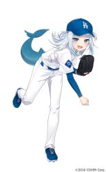1girl :d amagai_tarou baseball baseball_cap baseball_glove baseball_jersey baseball_uniform blue_eyes blue_footwear blue_hair blue_hat blunt_bangs commentary_request compression_shirt copyright_notice fins fish_tail full_body gawr_gura grey_hair hat highres hololive hololive_english jersey looking_at_viewer los_angeles_dodgers medium_hair multicolored_hair official_alternate_costume official_art open_mouth pants pitching shark_girl shark_tail sharp_teeth simple_background smile solo sportswear streaked_hair tachi-e tail teeth two_side_up upper_teeth_only v-shaped_eyebrows virtual_youtuber white_background white_pants