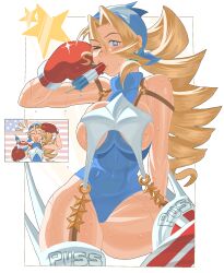 Rule 34 | &gt; o, 1girl, blonde hair, boots, boxing gloves, breasts, chzzei, food, food in mouth, highres, justice gakuen, large breasts, long hair, one eye closed, popsicle, popsicle in mouth, shiritsu justice gakuen, solo, star-shaped pupils, star (symbol), sweat, symbol-shaped pupils, thigh boots, tiffany lords