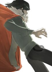 1boy absurdres black_hair cape covered_mouth cowboy_shot fate/zero fate_(series) from_side fur-trimmed_cape fur_trim grey_hair grey_pants highres long_sleeves looking_at_viewer looking_back male_focus pants red_cape short_hair solo tokoni_fusu waver_velvet waver_velvet_(zhuge_liang)