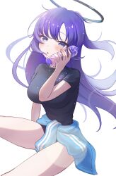 1girl absurdres black_shirt blue_archive blue_halo blush bottle breasts buruma commentary halo highres holding holding_bottle large_breasts long_hair looking_at_viewer open_mouth panda_90321 purple_hair shirt simple_background sitting solo water_bottle white_background yuuka_(blue_archive) yuuka_(track)_(blue_archive)