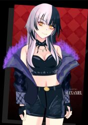 Rule 34 | 1girl, alexaniel, alternate costume, artist name, black choker, black coat, black gloves, black hair, black shorts, black tube top, breasts, choker, cleavage, closed mouth, coat, fingerless gloves, gloves, grey hair, hololive, hololive english, large breasts, long hair, looking at viewer, multicolored hair, shiori novella, shorts, solo, split-color hair, strapless, tube top, two-tone hair, virtual youtuber, yellow eyes