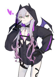 1girl absurdres black_hands black_hoodie black_jacket body_markings breasts collarbone colored_extremities crossed_bangs demon_girl demon_horns demon_wings ear_piercing fate/grand_order fate_(series) full_body green_eyes grey_hair hair_between_eyes hand_on_own_face hands_in_pockets highres hood hoodie horns jacket lilith_(fate) lilith_(first_ascension)_(fate) long_hair long_sleeves looking_at_viewer low_twintails matemate778 original piercing simple_background smile solo standing tattoo_between_breasts twintails white_background wings