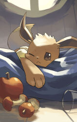 Rule 34 | :&lt;, apple, apple core, bean bag chair, brown eyes, brown fur, cup, eevee, food, frown, fruit, gen 1 pokemon, highres, lying, nintendo, no humans, one eye closed, pokemon, pokemon (creature), pokemon focus, solo, window, yamaori (hakkentai pokedan)