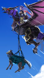 2girls absurdres armor barding blue_sky breastplate breasts camilla_(fire_emblem) cleavage closed_eyes commentary commission dragon english_commentary fire_emblem fire_emblem_fates floating_hair flying glowing glowing_eyes hair_over_one_eye highres horse hug hug_from_behind long_hair medium_breasts misokatsuhaumai multiple_girls nintendo purple_eyes purple_hair red_eyes red_hair selena_(fire_emblem_fates) skirt sky smile tiara twintails wavy_hair