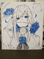 1girl ado_(utaite) blue_eyes blue_flower blue_hair blue_rose chando_(ado) colored_inner_hair commentary_request flower flower_in_mouth gloves hand_up highres long_hair long_sleeves looking_at_viewer megu_(9abgoluanvcjd7o) mole mole_under_eye multicolored_hair partially_colored rose shikishi solo utaite