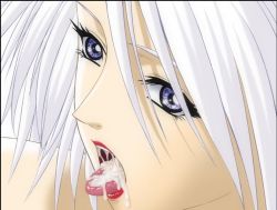 1girl after_fellatio blue_eyes christie_(doa) cum cum_in_mouth cum_on_tongue dead_or_alive hitsuki white_hair