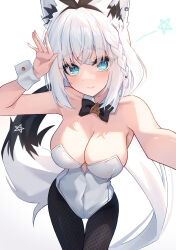 1girl absurdres ahoge alternate_costume animal_ear_fluff animal_ear_piercing animal_ears aqua_eyes bare_shoulders black_bow black_bowtie black_hairband black_pantyhose bow bowtie braid closed_mouth commentary crossed_bangs detached_collar double-parted_bangs fishnet_pantyhose fishnets fox_ears fox_girl fox_tail hair_between_eyes hairband hidel highres hololive leotard light_smile long_hair looking_at_viewer low_ponytail pantyhose pentagram playboy_bunny ponytail reaching reaching_towards_viewer shirakami_fubuki side_braid simple_background single_braid solo strapless strapless_leotard tail thigh_strap very_long_hair virtual_youtuber white_background white_hair white_leotard wrist_cuffs