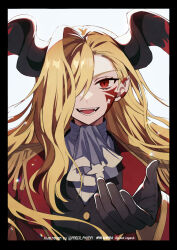 1girl black_gloves blonde_hair buttons facial_tattoo fangs fate/grand_order fate_(series) formal_clothes gloves highres horns looking_at_viewer meiji_ken nero_claudius_(fate) open_mouth queen_draco_(fate) red_eyes red_shirt shirt solo sparkle suit tattoo twitter_username white_background