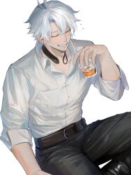 1boy absurdres black_pants casual closed_eyes drink grey_hair highres holding holding_drink honkai:_star_rail honkai_(series) ieririr male_focus pants phainon_(honkai:_star_rail) shirt short_hair simple_background sitting solo white_background white_shirt