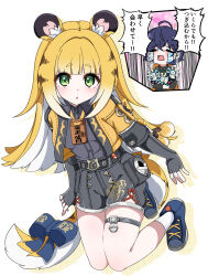 2girls ahoge animal_ear_fluff animal_ears belle_(zenless_zone_zero) belt black_gloves black_hair blonde_hair blunt_bangs blush bow chibi cropped_jacket crying dress elbow_gloves fingerless_gloves full_body gloves green_eyes grey_dress highres jacket ju_fufu kneeling long_hair looking_at_viewer multicolored_hair multiple_girls open_clothes open_jacket open_mouth shirt shoes simple_background socks speech_bubble tail tail_bow tail_ornament tears tiger_ears tiger_girl tiger_tail two-tone_hair white_background white_hair zenless_zone_zero zuyosh