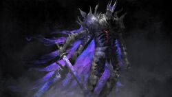 1other absurdres armor asaki_(asaki_vision) black_background cape dual_wielding elden_ring elden_ring_nightreign extra_arms feet_out_of_frame full_armor gauntlets glowing glowing_sword glowing_weapon helmet heolstor_the_nightlord highres holding holding_sword holding_weapon purple_cape shoulder_armor sword triple_wielding weapon
