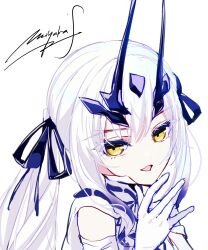 1girl cropped_torso dragon_horns fate/grand_order fate_(series) gloves hair_ribbon highres horns looking_at_viewer melusine_(fate) miyaka_(58305841) open_mouth ribbon signature twintails white_gloves white_hair yellow_eyes