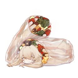 black_hat character_request chibi code009 food food_request hat in_food looking_at_viewer lying mini_person minigirl nervous_sweating on_stomach shanhai_jing_hua simple_background solo spring_roll sweat white_background white_hair yellow_eyes