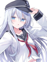1girl anchor_symbol black_sailor_collar blue_eyes flat_cap grey_hair hat hibiki_(kancolle) highres kantai_collection long_hair long_sleeves looking_at_viewer neckerchief red_neckerchief sailor_collar sailor_shirt school_uniform shikuro_(iorimiyakiyo) shirt solo white_shirt