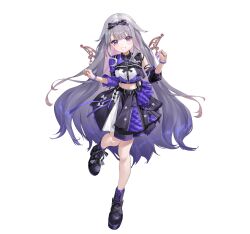 1girl absurdres amagai_tarou black_footwear black_skirt bow center-flap_bangs center_frills colored_inner_hair commentary cropped_shirt detached_sleeves detached_wings double-parted_bangs frills full_body gem gradient_hair grey_hair grin hair_bow hair_flaps hands_up highres hololive hololive_english jewel_under_eye koseki_bijou long_hair long_sleeves looking_at_viewer matsuura_kento metal_wings multicolored_hair official_alternate_costume official_art pink_hair puffy_detached_sleeves puffy_sleeves purple_eyes purple_gemstone purple_hair second-party_source sidelocks simple_background single_detached_sleeve single_sleeve skirt smile solo very_long_hair virtual_youtuber white_background wings