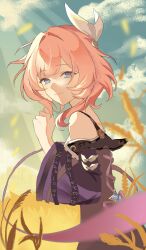 Rule 34 | 0910 2222, 1girl, absurdres, bare shoulders, blue eyes, blue sky, breasts, cloud, coat, commentary request, cyrene (honkai: star rail), from side, hair ornament, highres, honkai: star rail, honkai (series), outdoors, pink hair, purple coat, short hair, sky, small breasts, smile, solo, wheat, wheat field