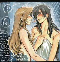 2girls aerith_gainsborough black_hair blush breasts brown_hair cleavage completely_nude english_text final_fantasy final_fantasy_vii green_eyes hair_over_shoulder highres jeremr large_breasts medium_breasts multiple_girls nude parted_lips red_eyes showering sidelocks smile tifa_lockhart towel upper_body wet yuri