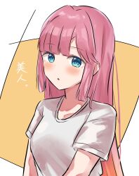 1girl :o absurdres anyoji_hime anyoji_hime_(summer_loungewear) blonde_hair blue_eyes blunt_bangs blunt_sidelocks blush border breasts gradient_hair hair_down highres hisho_(rythm_hisho) link!_like!_love_live! long_hair looking_at_viewer love_live! medium_breasts multicolored_hair official_alternate_costume official_alternate_hairstyle outside_border parted_lips pink_hair shirt short_sleeves sidelocks simple_background solo t-shirt upper_body virtual_youtuber white_border white_shirt yellow_background