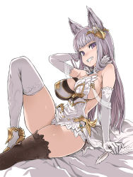 Rule 34 | 10s, 1girl, animal ears, arm at side, arm behind head, arm support, arm up, asanagi, asymmetrical clothes, asymmetrical legwear, bare shoulders, black thighhighs, blush, breasts, cat ears, elbow gloves, erune, fangs, feathers, female focus, gloves, granblue fantasy, grin, high heels, korwa, large breasts, long hair, looking at viewer, mismatched legwear, purple eyes, quill, sideboob, silver hair, sitting, smile, solo, thighhighs, thighs, white gloves, white thighhighs