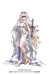 1girl armpits blindfold blush breasts brown_dust_(series) brown_dust_2 closed_mouth copyright_name dress from_side full_body goblin_slayer! gold_sandals hand_on_own_chest highres holding holding_sword holding_weapon jewelry large_breasts lips looking_at_viewer official_art pendant revealing_clothes sandals sideboob simple_background smile solo sword sword_maiden toes veil weapon weighing_scale white_background white_dress white_sleeves white_veil