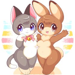 2girls animal_ears bell blue_eyes bow bowtie breast_press breasts brown_eyes brown_fur cat_ears cat_girl cat_tail commentary_request completely_nude furry furry_female furry_with_furry grey_fur holding_hands jaggy_lines jingle_bell lowres medium_breasts multiple_girls navel no_nipples no_pussy nude oekaki original pink_bow pink_bowtie rabbit_ears rabbit_girl rabbit_tail shortstack symmetrical_docking tail takiune thick_thighs thighs wide_hips yuri