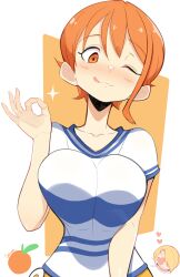 Rule 34 | 1girl, ;p, artist name, blue trim, blush, breasts, collarbone, commentary, food, fruit, hair over one eye, hand up, heart, heart-shaped eyes, highres, jellcaps, large breasts, looking at viewer, nami (one piece), nami (one piece) (east blue), ok sign, one eye closed, one piece, orange (fruit), orange background, orange eyes, orange hair, sanji (one piece), shirt, short hair, solo focus, tongue, tongue out, two-tone background, upper body, white background, white shirt