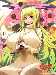 1girl :p ahoge blonde_hair breasts candy cat chocolate chocolate_heart chocolate_syrup curvy dress food gem gradient_hair green_hair hair_between_eyes hair_intakes happy_valentine heart heart-shaped_food highres huge_breasts jewelry light_particles milkshake multicolored_hair necklace original pixiv_id plaid_background red_eyes ribbed_sweater sitting sparkle sweater sweater_dress tongue tongue_out umigarasu_(kitsune1963) valentine whipped_cream white_chocolate white_dress white_gemstone
