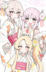 3girls alternate_costume alternate_hairstyle animal animal_ear_fluff animal_ears animal_on_head bird bird_on_head blue_archive blush carrying closed_mouth floral_print floral_print_kimono flower forehead fox_ears fox_girl hair_bun hair_flower hair_ornament highres japanese_clothes kimono long_hair mika_(blue_archive) multiple_girls nagisa_(blue_archive) obi on_head open_mouth pink_eyes pink_hair pink_sash princess_carry print_kimono sash sateto_(user_knrf2332) seia_(blue_archive) side_ponytail sidelocks smile sweat tea_party_(blue_archive) w white_flower white_kimono yellow_eyes