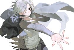 Rule 34 | 1boy, absurdres, bags under eyes, black eyes, cloak, dungeon meshi, elf, floating clothes, gorget, grey hair, highres, long sleeves, looking at viewer, male focus, maratang, mithrun, notched ear, one eye closed, outstretched hand, pointy ears, shirt, short hair, simple background, solo, tunic, unworn cloak, upper body, wavy hair, white background