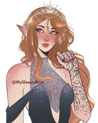 1girl a_court_of_thorns_and_roses_(series) arm_tattoo bare_shoulders black_nails blush brown_hair circlet commentary_request crown dress earrings feyre_archeron freckles hand_tattoo hand_up highres jewelry light_smile long_hair mysleepyblue pointy_ears shoulder_freckles simple_background solo spanish_commentary tattoo upper_body white_background