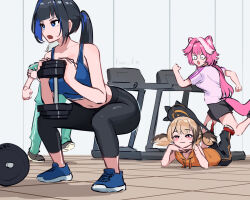 ahoge animal_ears barbell brown_hair cecilia_immergreen dumbbell exercise_machine exercising female_pervert fian_f.n gigi_murin gym holding holding_dumbbell hololive hololive_english multicolored_hair multiple_girls ouro_kronii panther_ears panther_girl panther_tail pants pervert ponytail raora_panthera sportswear squat_(exercise) tail treadmill twintails two-tone_hair virtual_youtuber weightlifting weights workout_clothes yoga_pants