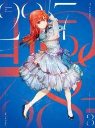 1girl 22/7 black_shoes blue_background blue_dress blue_ribbon character_name copyright_name cover dancing dress dvd_cover flower frilled_dress frills full_body hair_flower hair_ornament highres holding holding_microphone long_hair long_sleeves looking_at_viewer majiro_(mazurka) microphone muzui neck_ribbon official_art parted_lips red_eyes red_hair ribbon sato_reika shoes smile socks solo white_flower white_socks