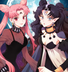 Rule 34 | 1990s (style), 2girls, aged up, bishoujo senshi sailor moon, bishoujo senshi sailor moon r, bishoujo senshi sailor moon supers, black hair, black lady (sailor moon), blue eyes, breasts, chibi usa, choker, cleavage, cone hair bun, crescent, crescent facial mark, double bun, earrings, elf, facial mark, forehead mark, full moon, hair bun, jewelry, lipstick, long hair, makeup, moon, multiple girls, nardack, nehelenia (sailor moon), pink hair, pointy ears, red eyes, retro artstyle, see-through clothes, slit pupils, smile, twintails, very long hair, wavy hair