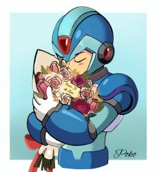 Rule 34 | 1boy, android, armor, blue armor, blue background, blue helmet, bouquet, flower, forehead jewel, green eyes, helmet, highres, male focus, mega man (series), mega man x (series), one eye closed, poko589, simple background, solo, upper body, x (mega man)