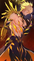 1boy absurdres alternate_form asymmetrical_wings bare_pectorals black_shirt black_wings blonde_hair commentary cracked_skin english_commentary hair_between_eyes halo halo_behind_head highres honkai:_star_rail honkai_(series) looking_at_viewer male_focus material_growth moonya pectorals phainon_(honkai:_star_rail) profile shirt short_hair sideways_glance solo torn_clothes torn_shirt wings yellow_blood yellow_eyes yellow_wings