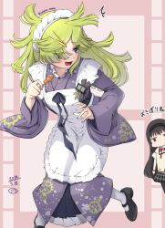 akemi_homura aki_mabayu apron food highres holding holding_skewer long_hair long_sleeves magia_record:_mahou_shoujo_madoka_magica_gaiden mahou_shoujo_madoka_magica maid maid_apron maid_headdress mary_janes mitakihara_school_uniform school_uniform shoes skewer sphere_stone wa_maid wide_sleeves